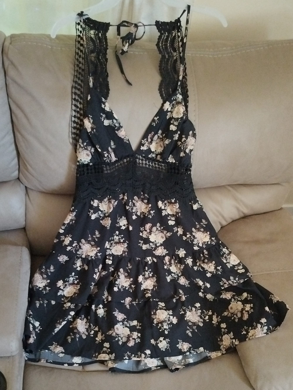 SHEIN Black Floral Halter Mini Dress with Cream Roses
